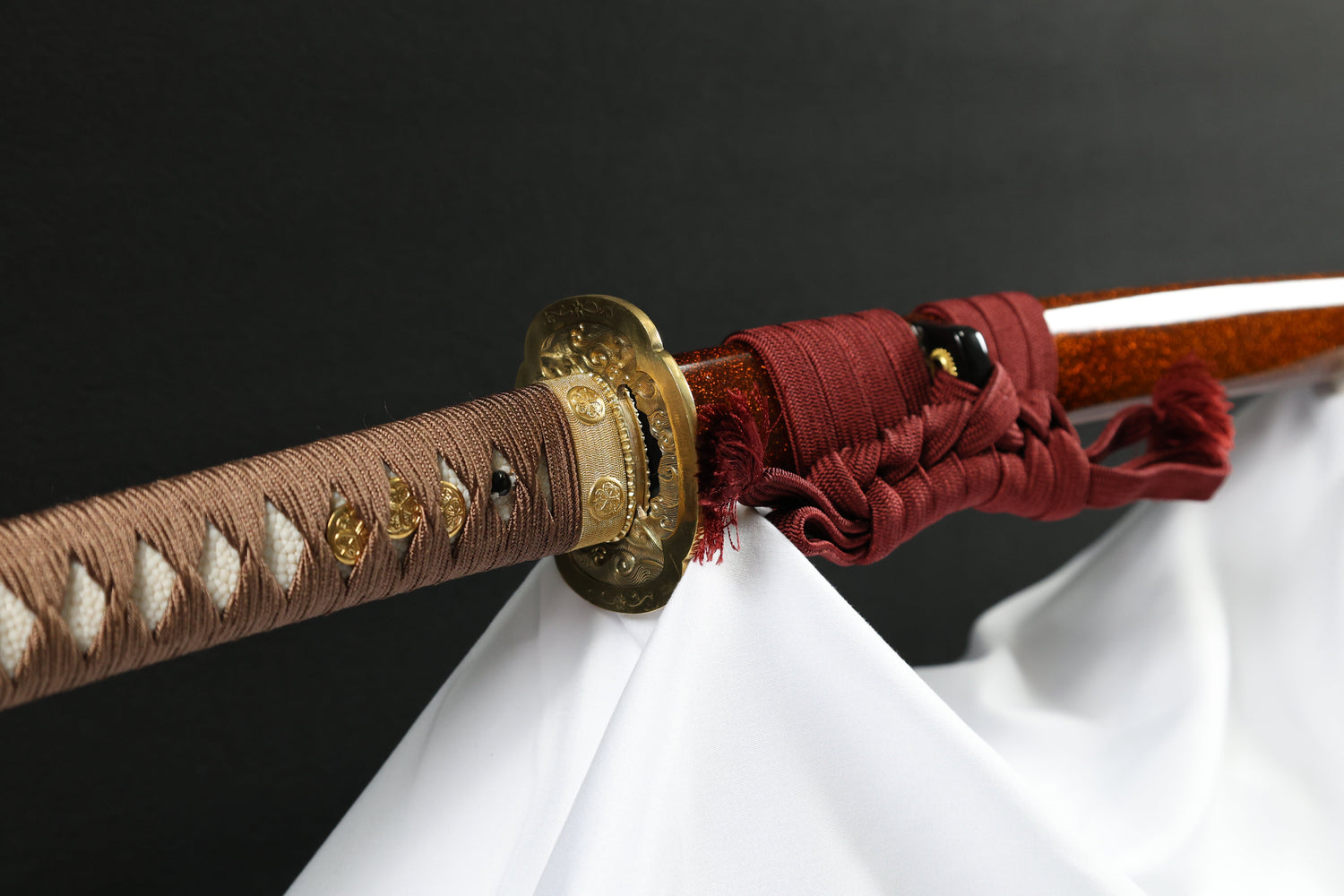 Custom Katana Sanmai-Forged Blade with Wave Motif and Amber Lacquer Saya - TangGu Sword